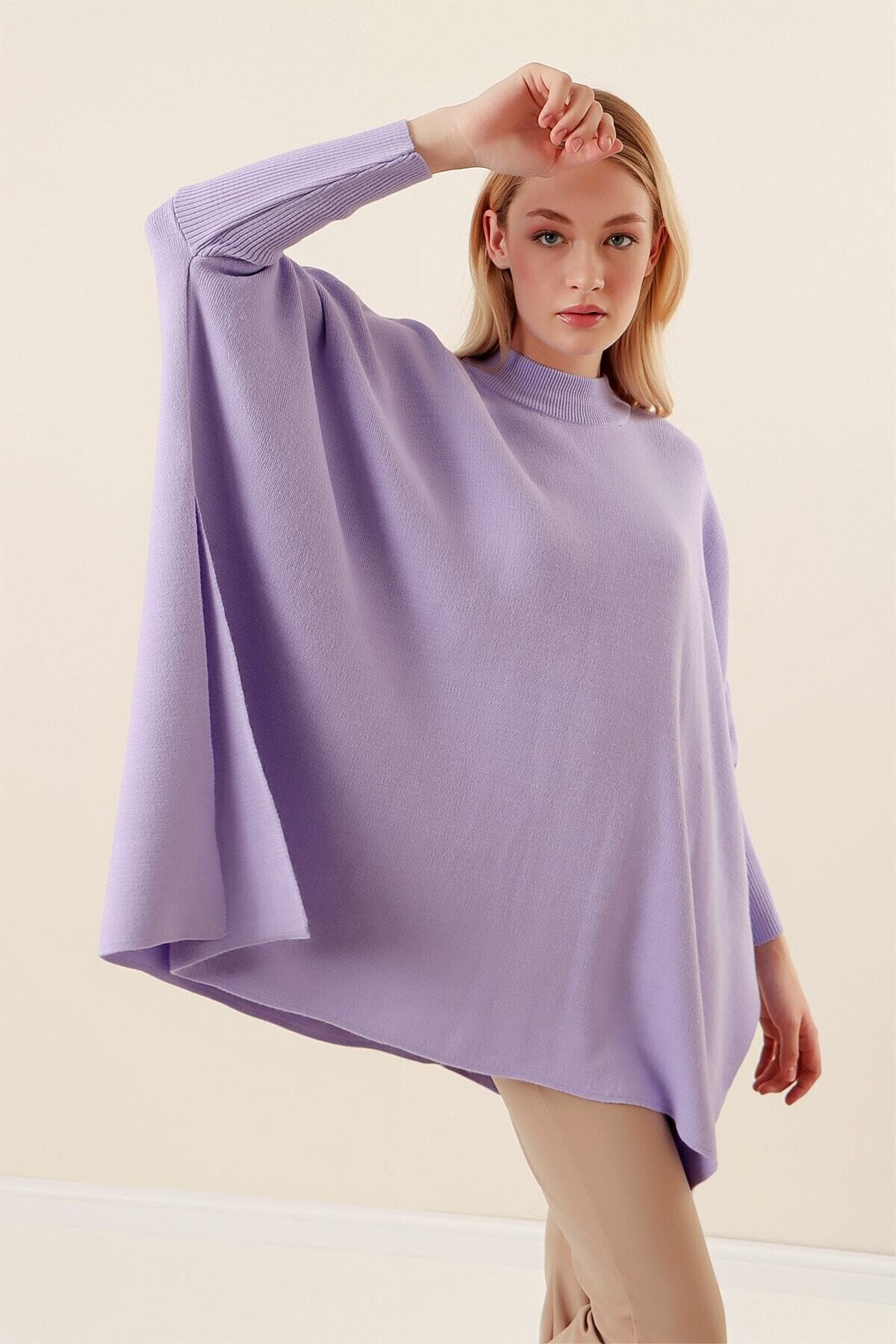 Kadın Lila Oversize Yırtmaçlı Panço Triko Kazak  HZL23W-BD1100761
