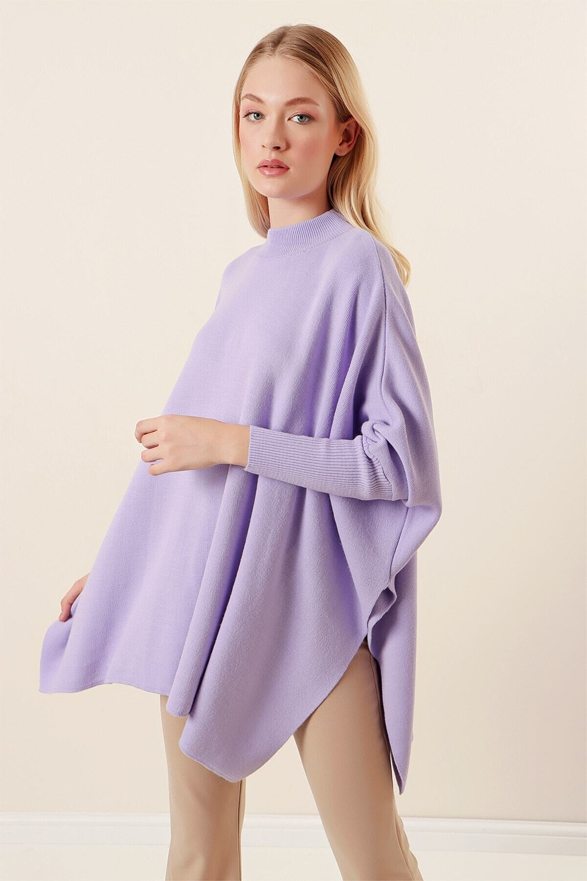 Kadın Lila Oversize Yırtmaçlı Panço Triko Kazak  HZL23W-BD1100761