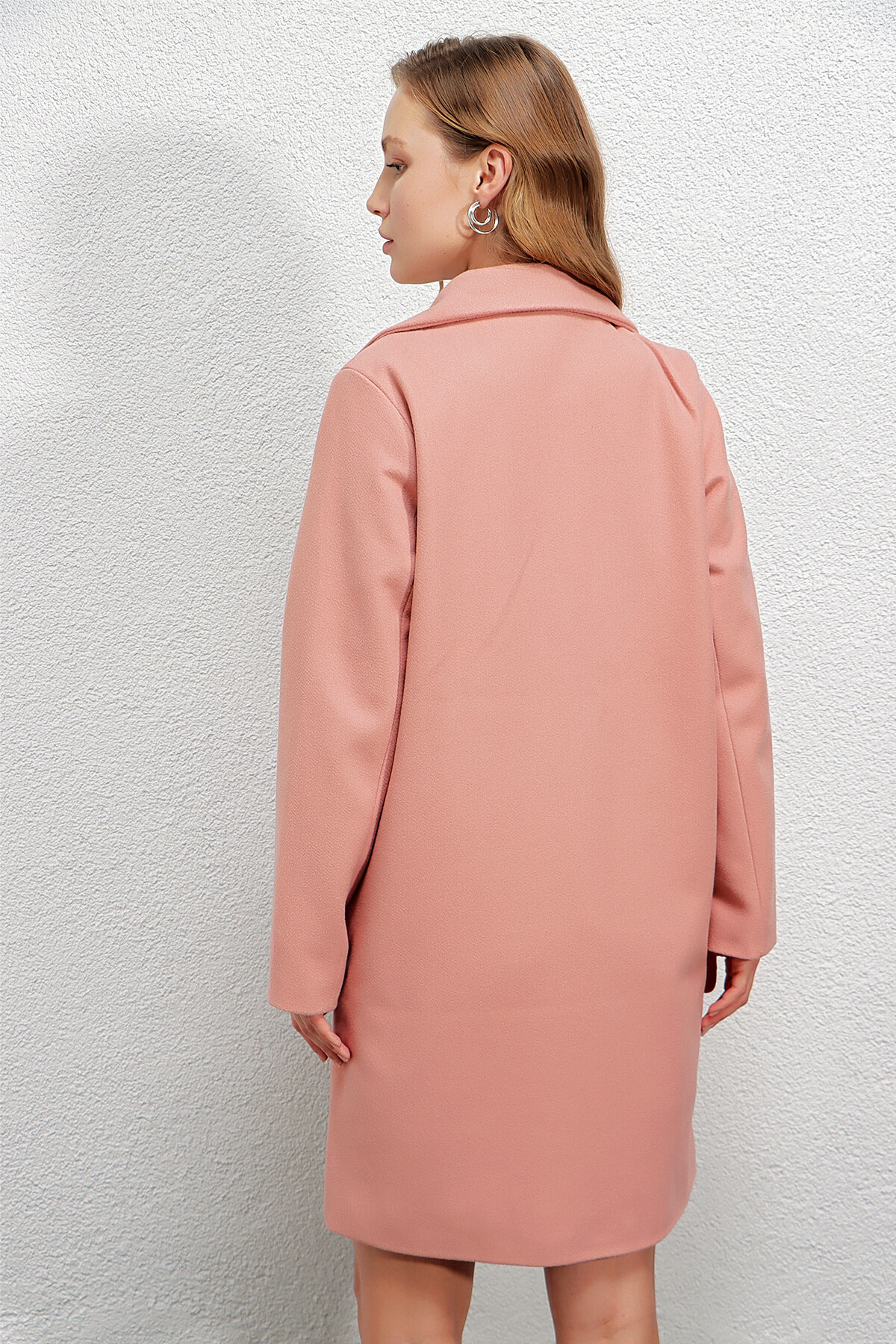 Kadın Pembe Tek Düğmeli Çift Cepli Astarlı Şık Kaşe Kaban HZL23W-BD190851