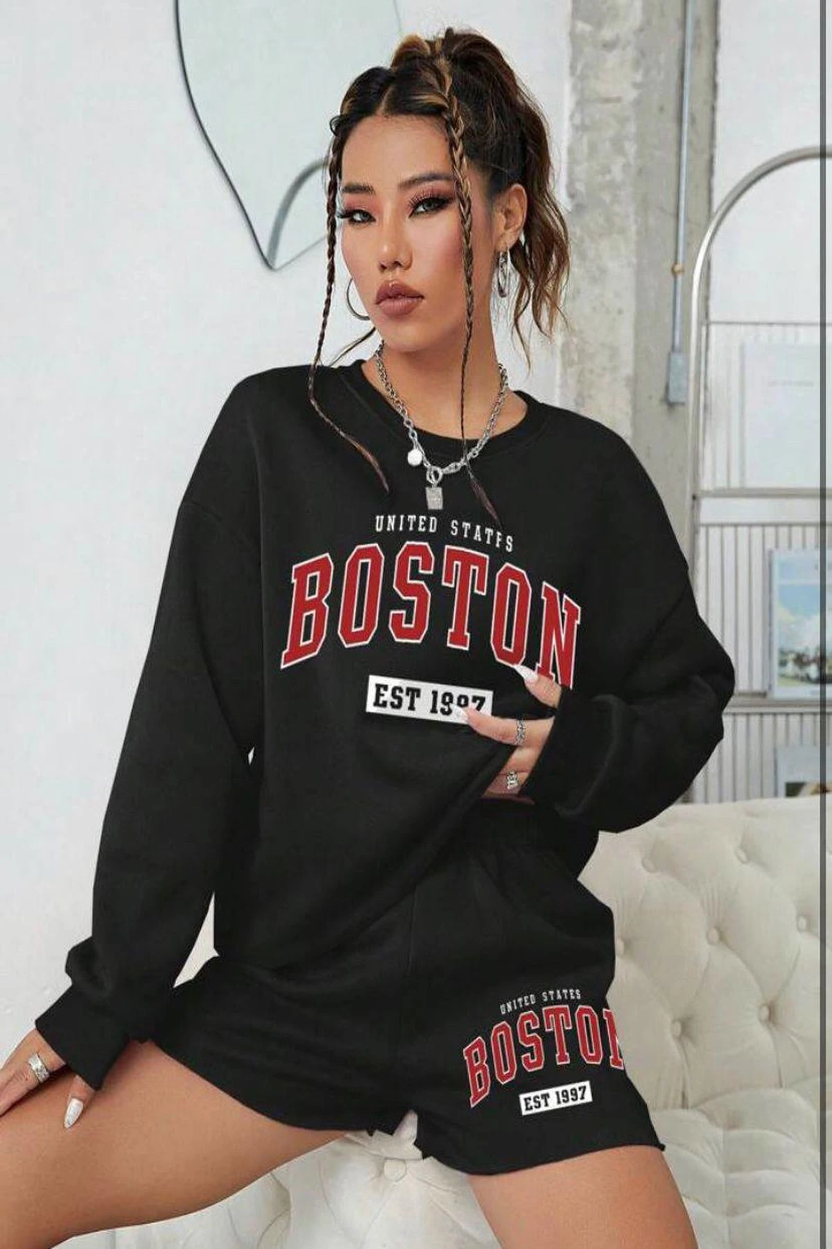Kadın Siyah 3 İplik Şardonlu Boston Baskılı Şort Sweatshirt Alt Üst Takım  HZL24W-FRY121221