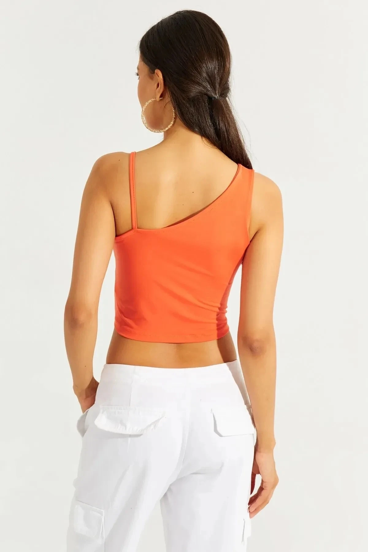 Kadın Turuncu Askılı Tek Omuz Likralı Crop Bluz HZL23S-SND120171