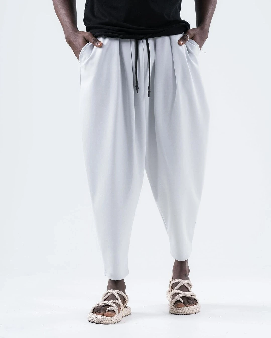Erkek Beyaz Beli İp Bağlamalı Düz Kesim Cepli Pantolon Eşofman Altı HZL24S-MXC8948-26