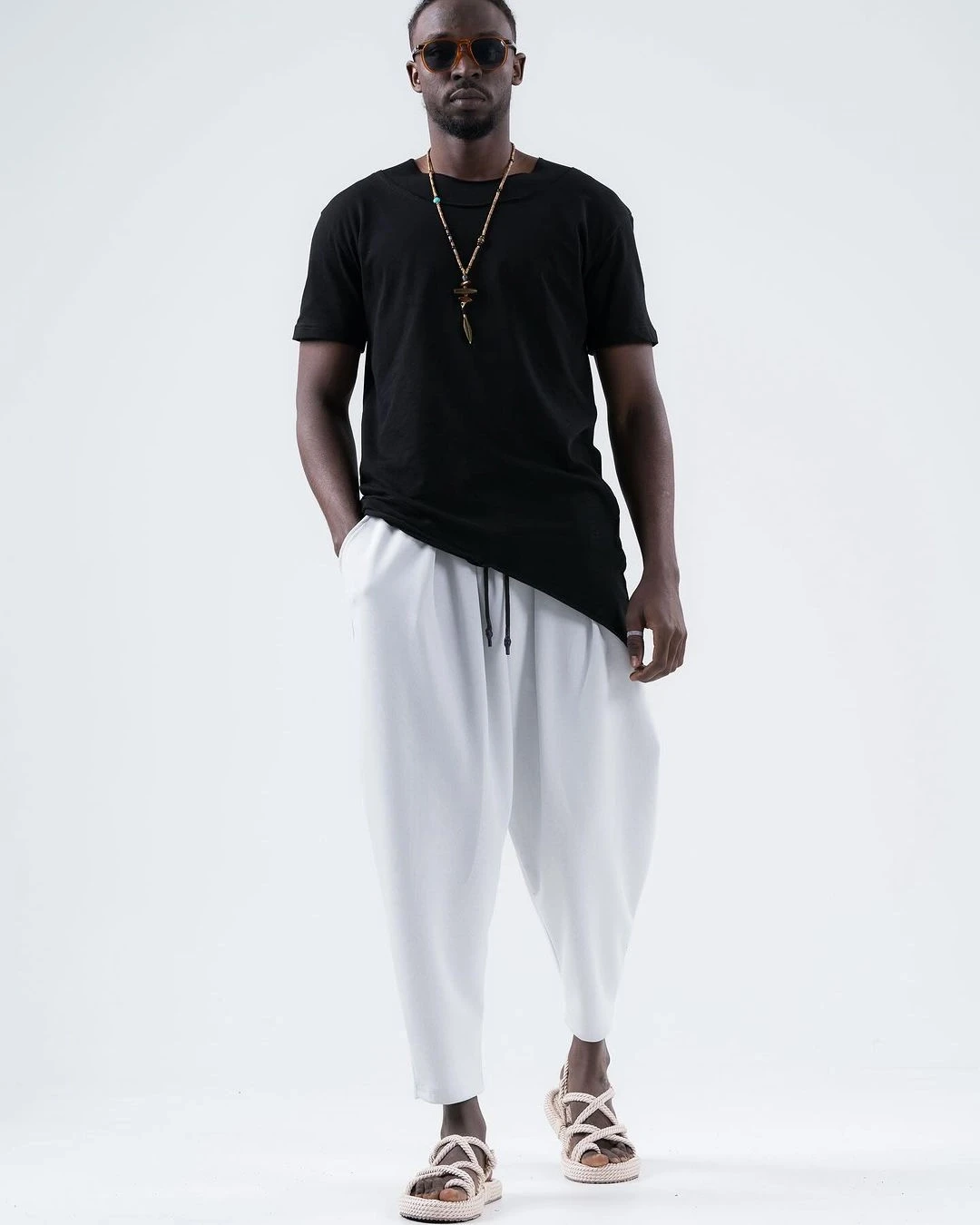 Erkek Beyaz Beli İp Bağlamalı Düz Kesim Cepli Pantolon Eşofman Altı HZL24S-MXC8948-26