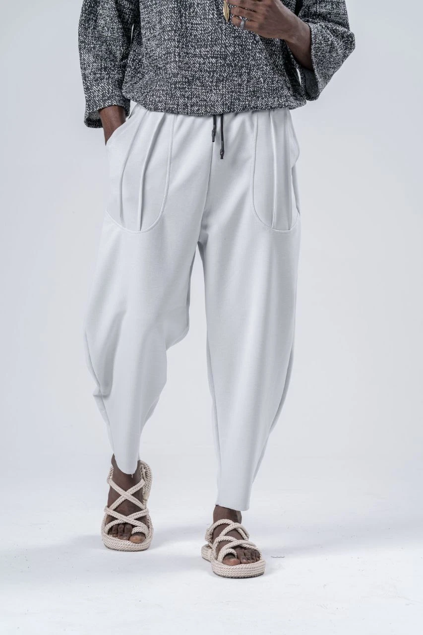 Erkek Beyaz Beli İp Bağlamalı Bol Kesim Cepli Pantolon Eşofman Altı HZL24S-MXC9019-10