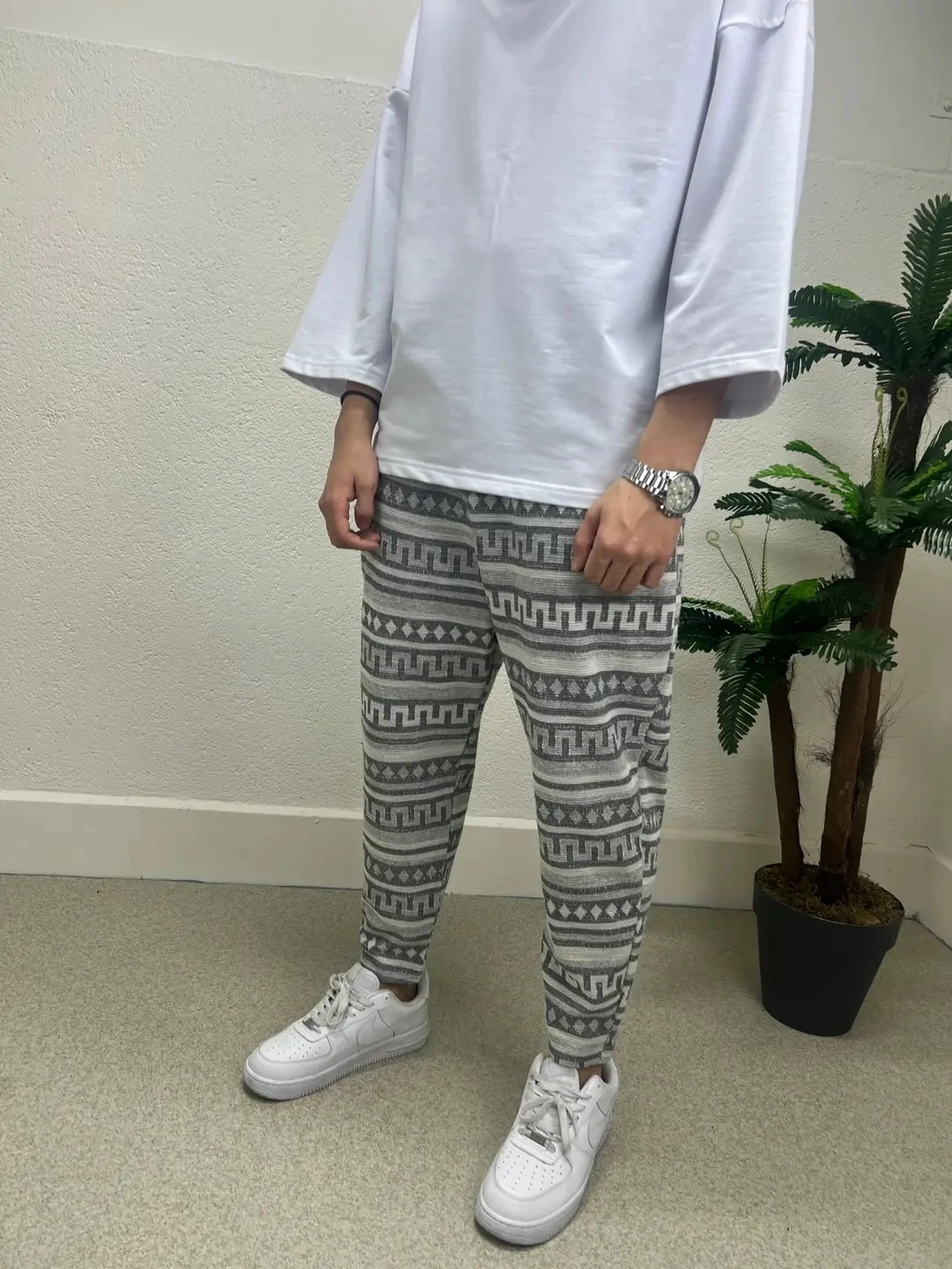 Erkek Ekru Etnik Desenli Beli İp Bağlamalı Düz Kesim Cepli Pantolon Eşofman Altı HZL24S-MXC8948-245