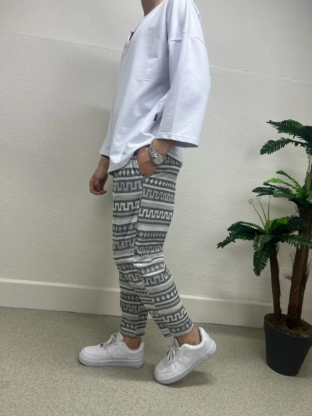 Erkek Ekru Etnik Desenli Beli İp Bağlamalı Düz Kesim Cepli Pantolon Eşofman Altı HZL24S-MXC8948-245