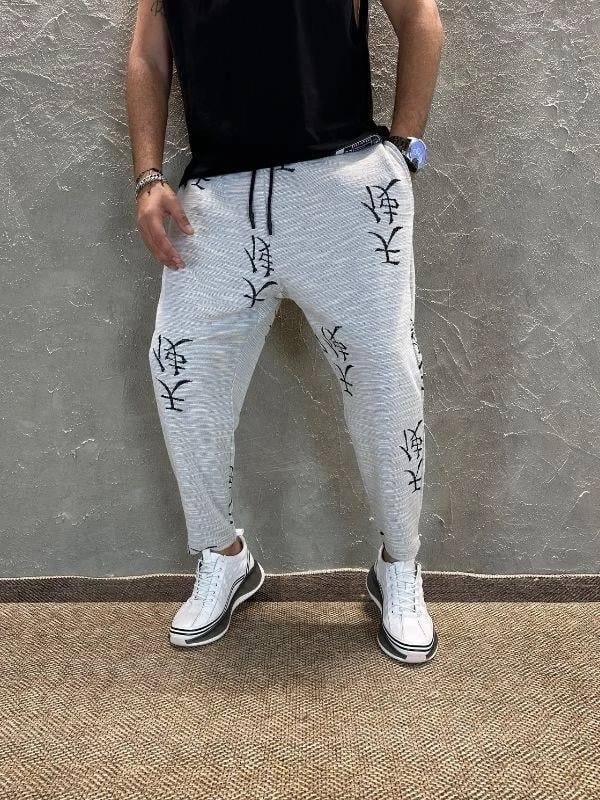 Erkek Gri Japon Desenli Beli İp Bağlamalı Düz Kesim Pantolon Eşofman Altı HZL24S-MXC8948-193