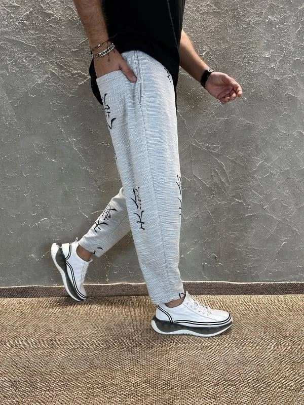 Erkek Gri Japon Desenli Beli İp Bağlamalı Düz Kesim Pantolon Eşofman Altı HZL24S-MXC8948-193