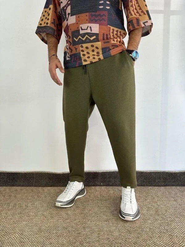 Erkek Haki Yeşil Beli İp Bağlamalı Düz Kesim Cepli Pantolon Eşofman Altı HZL24S-MXC8948-194