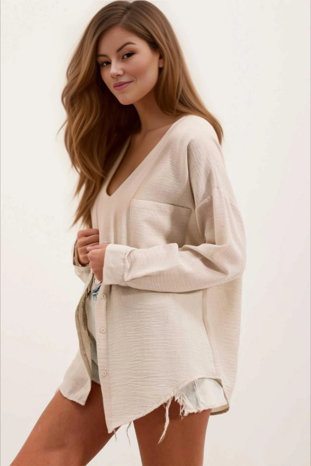 Kadın Açık Bej Tek Cepli Oversize Keten Ayrobin Gömlek HZL24S-BD1201531