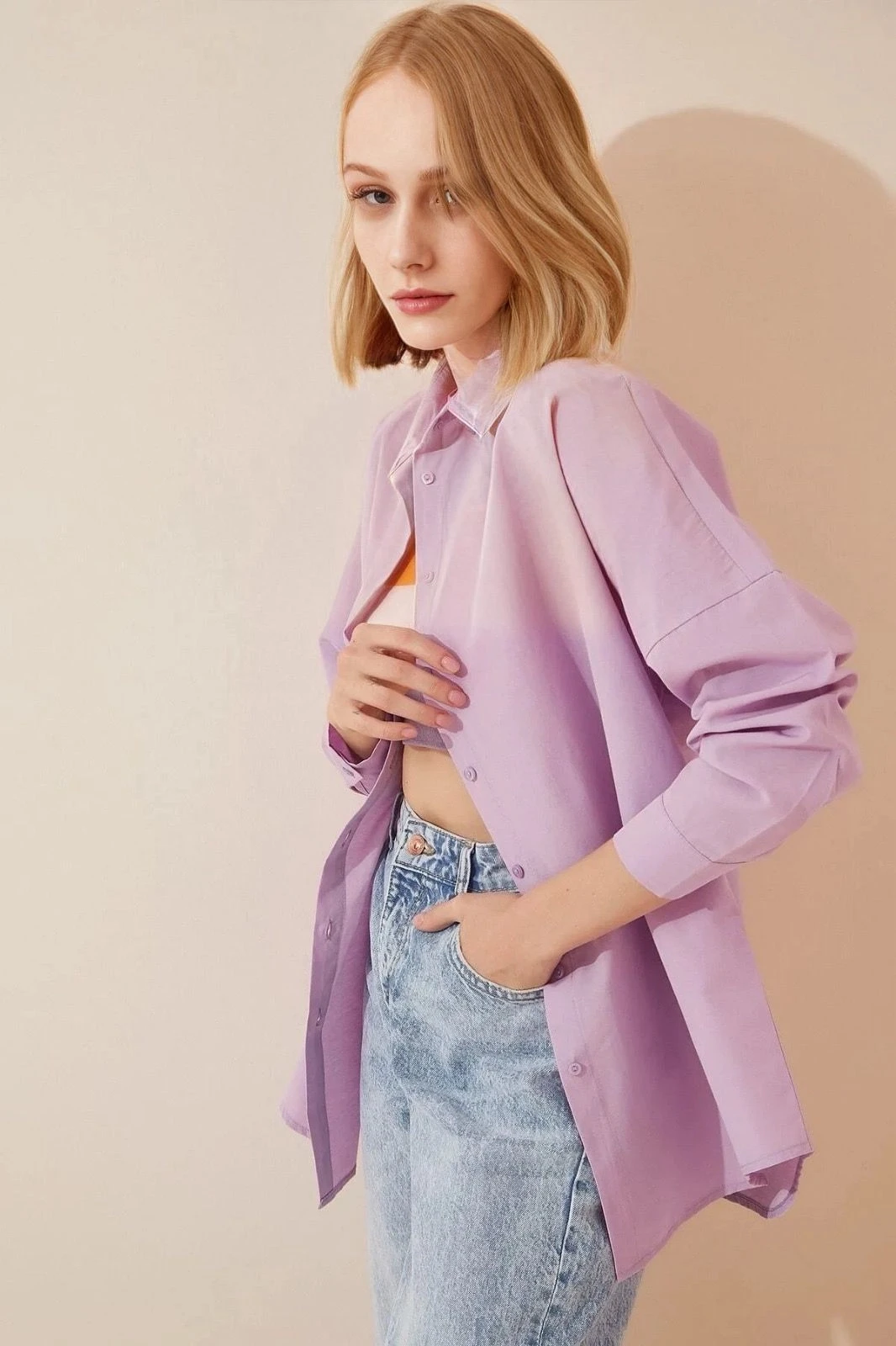 Kadın Açık Lila Oversize Uzun Basic Gömlek  HZL22W-BD139001