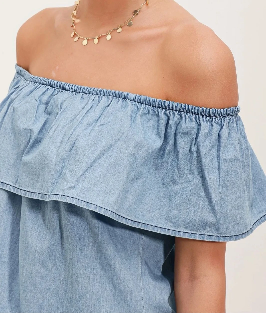 Kadın Açık Mavi Kolsuz Omzu Açık Carmen Yaka Jean Elbise HZL24S-BD114811