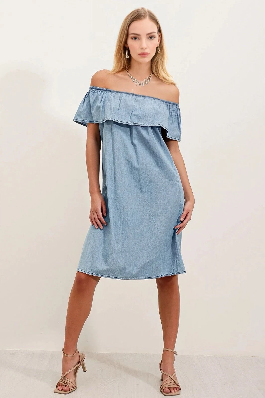 Kadın Açık Mavi Kolsuz Omzu Açık Carmen Yaka Jean Elbise HZL24S-BD114811