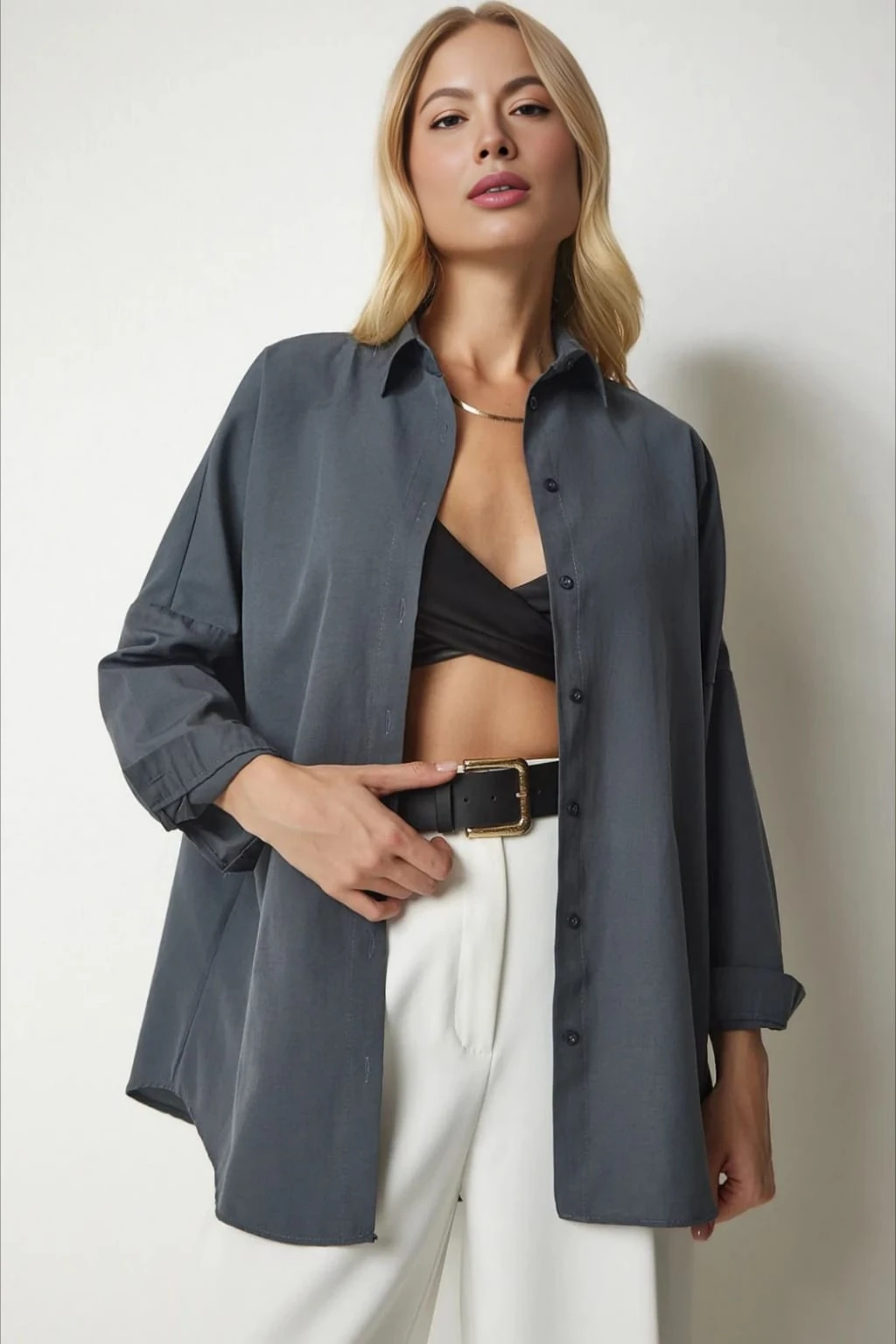 Kadın Antrasit Geniş Kalıp Uzun Basic Gömlek HZL24W-BD139001