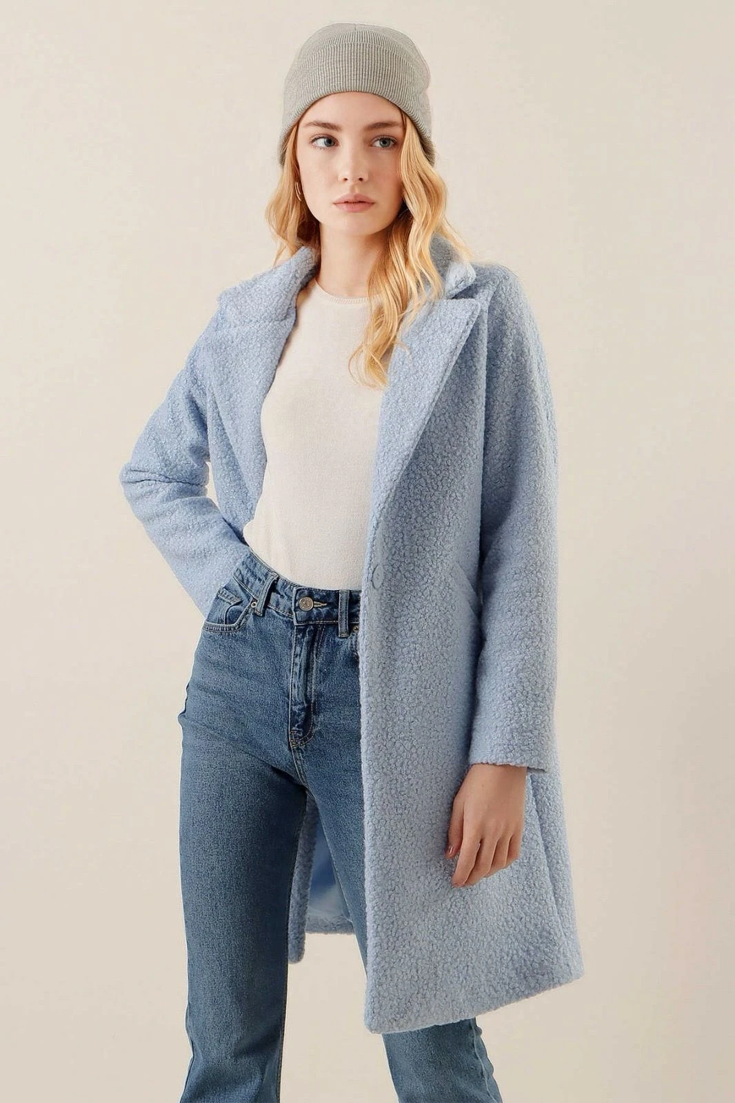 Kadın Bebe Mavi Tek Düğmeli Çift Cepli Astarlı Buklet Kaşe Kaban HZL22W-BD190821