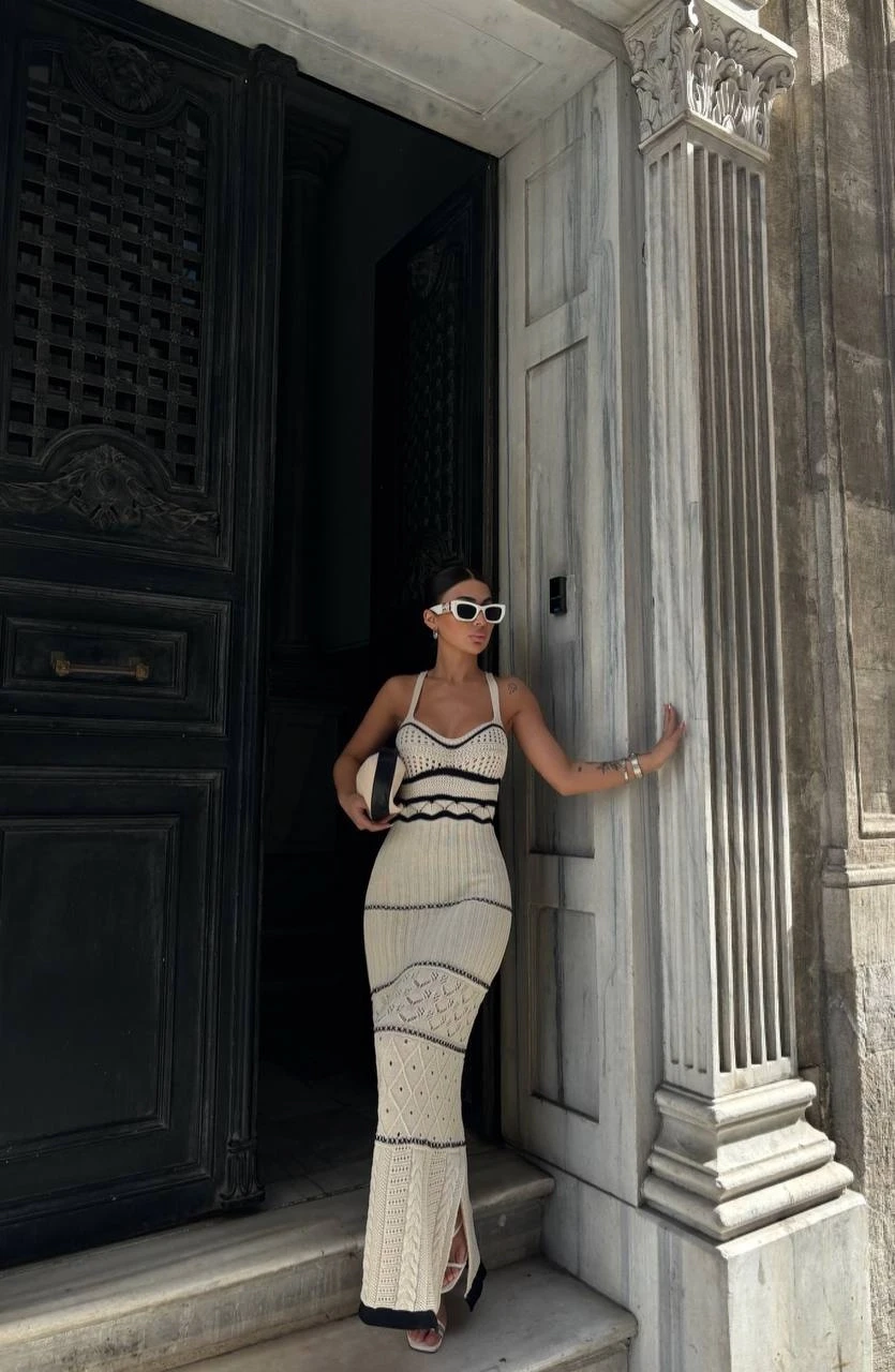 Kadın Bej Askılı Yırtmaç Detaylı Ajurlu Yazlık Uzun Triko Elbise HZL24S-VL1240461