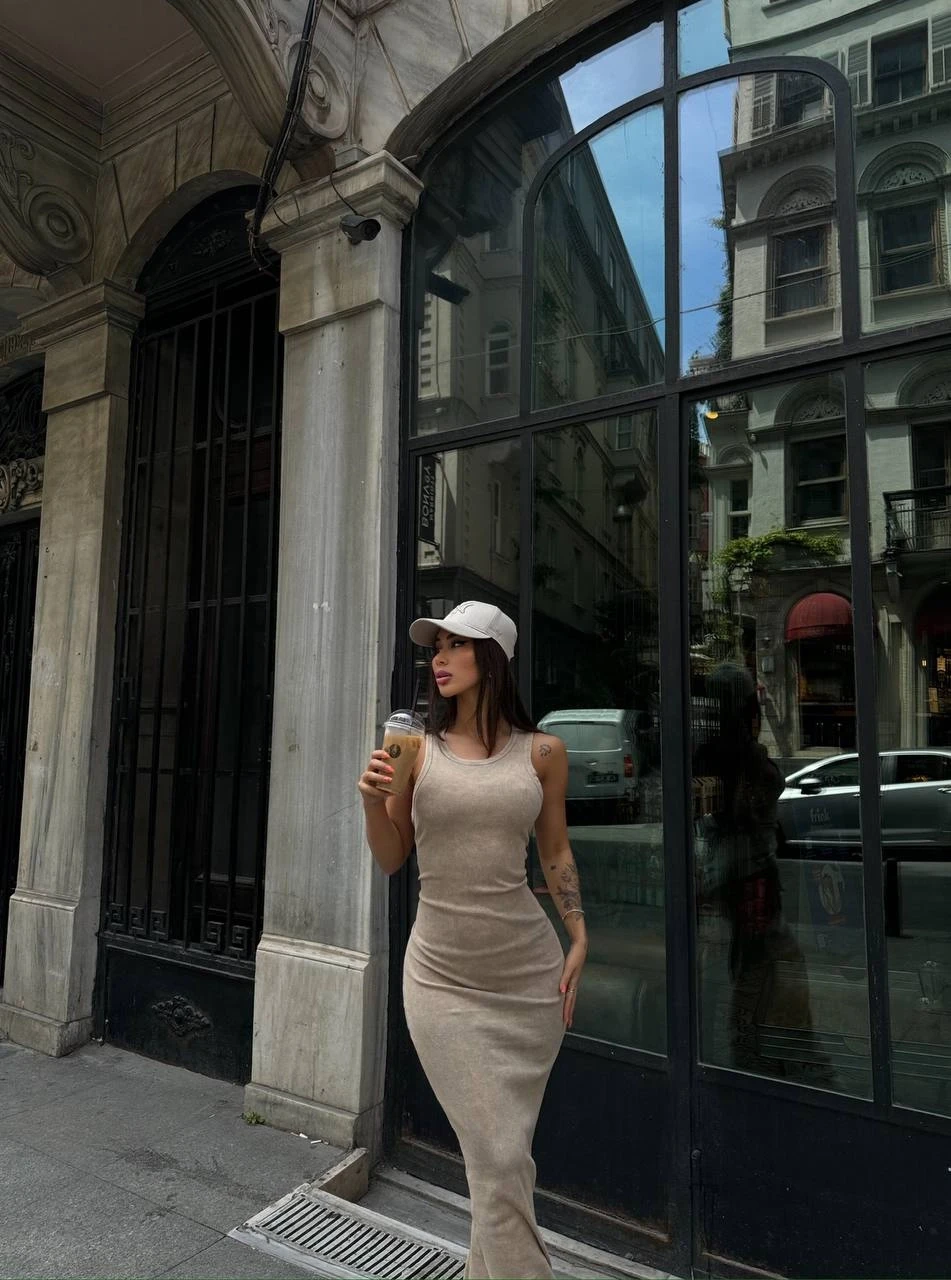 Kadın Bej Bisiklet Yaka Sıfır Kol Yıkamalı Fitilli Uzun Elbise HZL24S-VL1241071