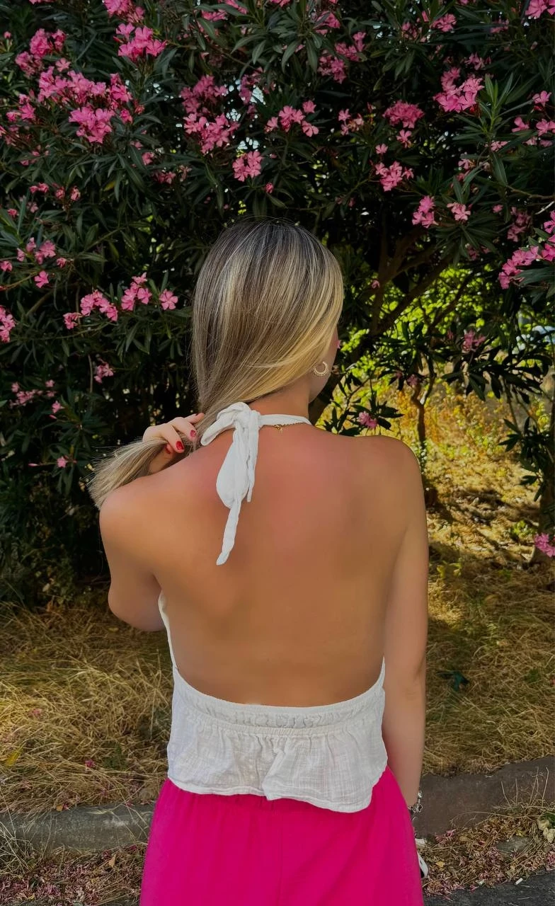 Kadın Beyaz Boyundan Bağlamalı Sırtı Açık Keten Bluz HZL24S-ZK11081