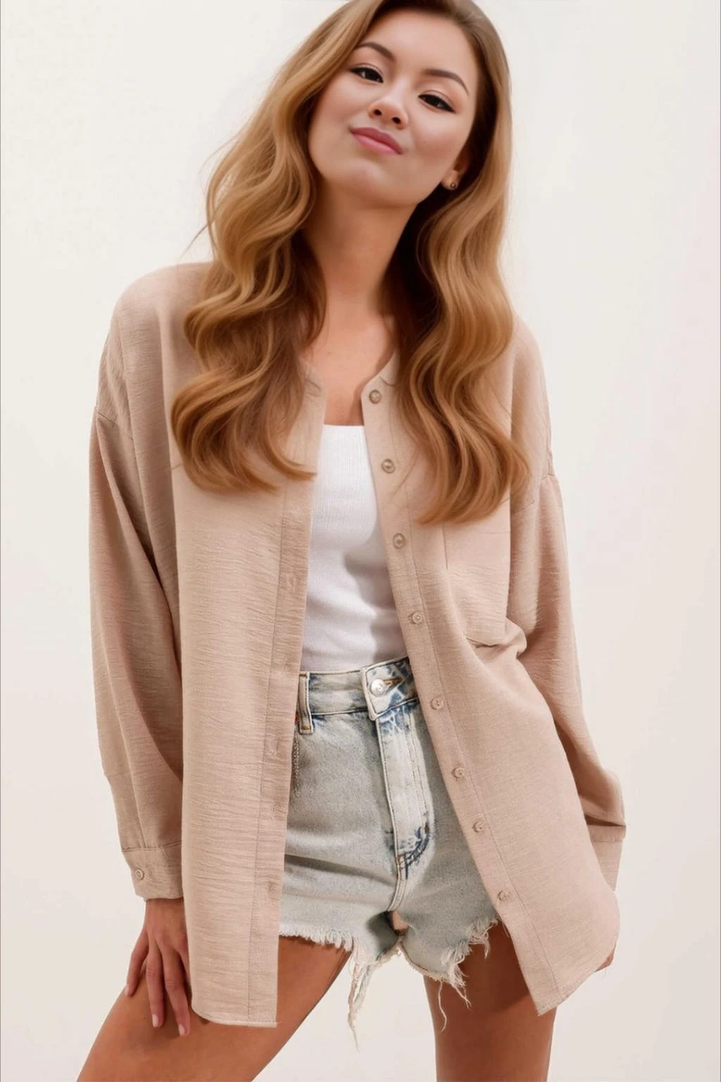 Kadın Bisküvi Tek Cepli Oversize Keten Ayrobin Gömlek HZL24S-BD1201531