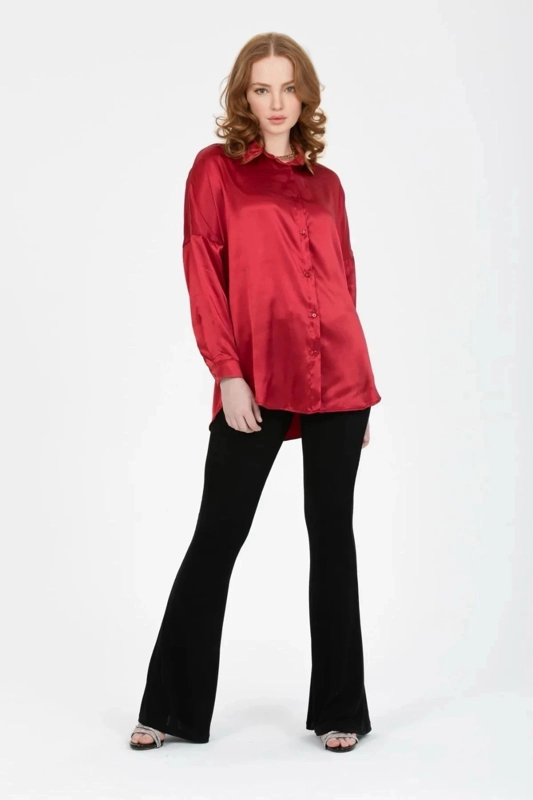 Kadın Bordo Oversize Dökümlü Saten Yüzeyli Gömlek HZL23S-BD139851