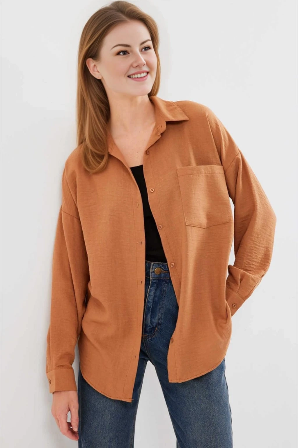 Kadın Camel Tek Cepli Oversize Keten Ayrobin Gömlek HZL24S-BD1201531