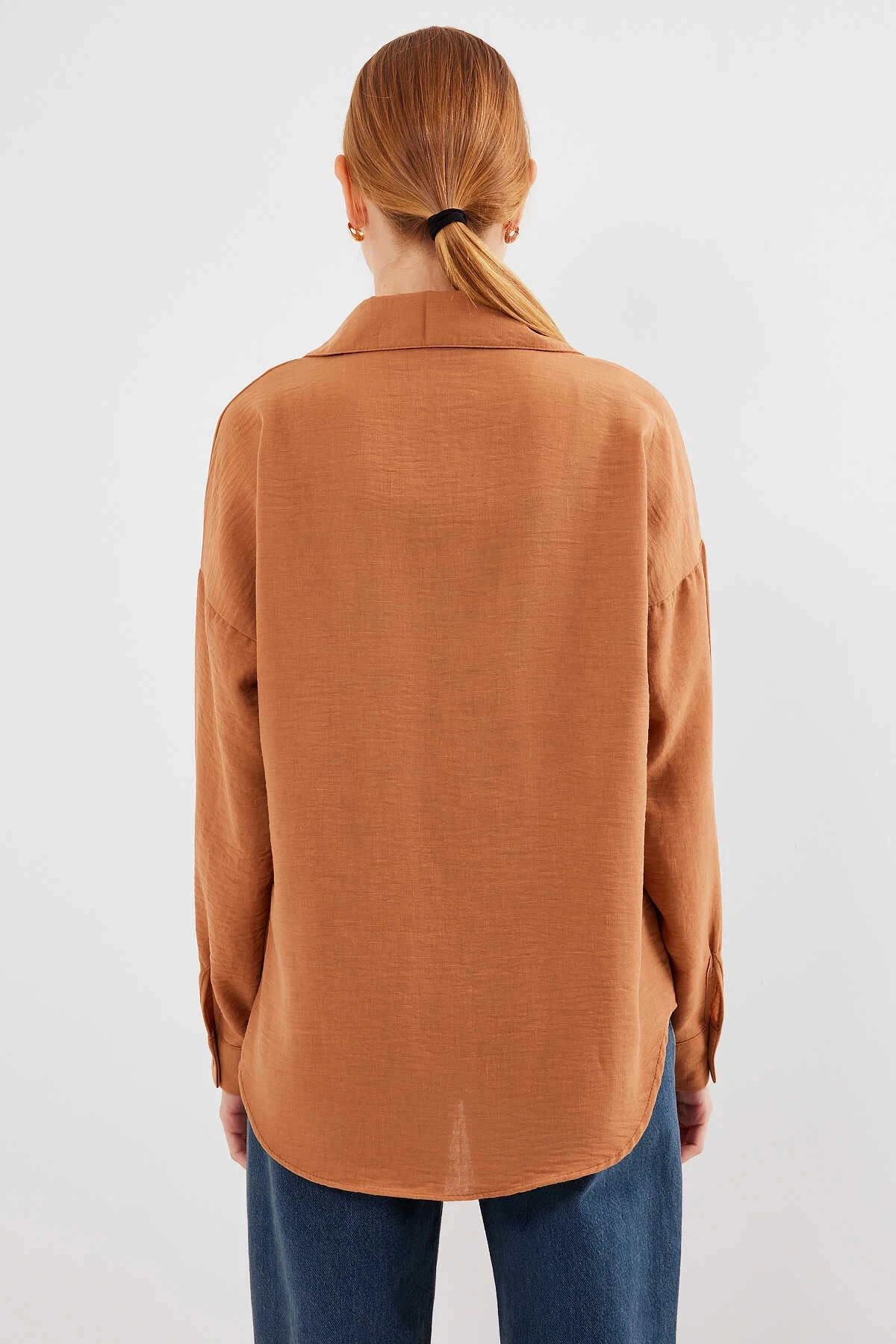 Kadın Camel Tek Cepli Oversize Keten Ayrobin Gömlek HZL24S-BD1201531