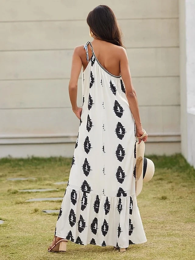Kadın Ekru Baskılı Omuzdan Bağlamalı Astarsız Uzun Elbise HZL24S-DSB135911