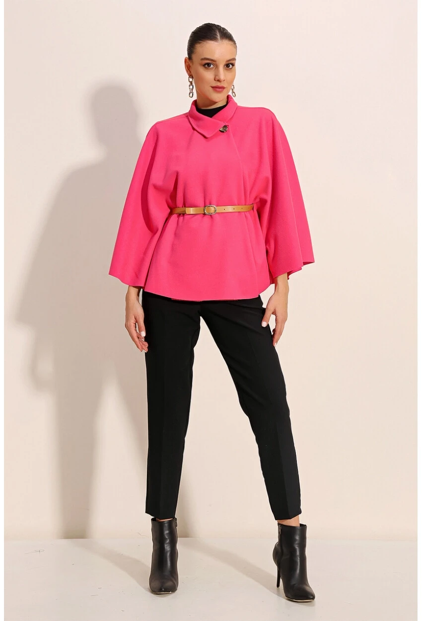 Kadın Fuşya Hakim Yaka Kemer Detaylı Kaşe Panço  HZL24W-BD191341