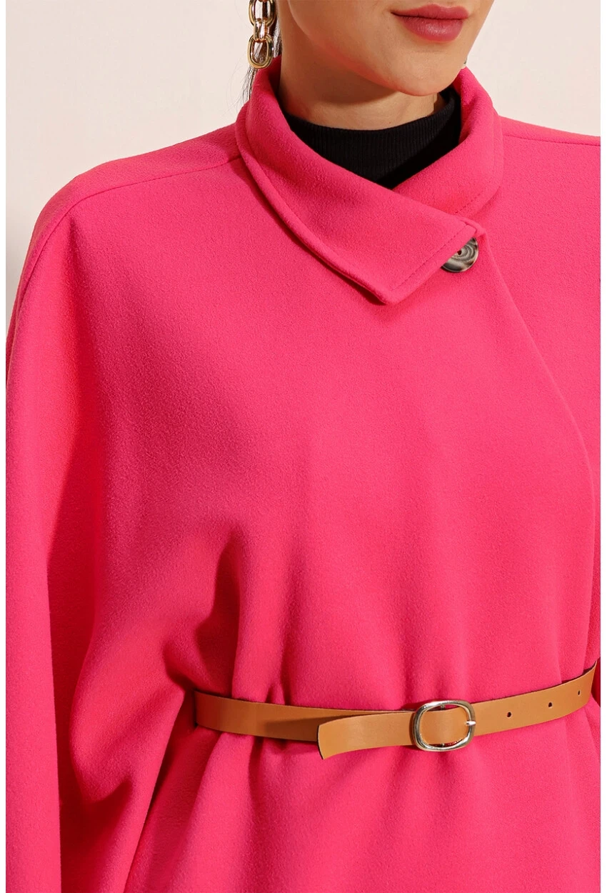 Kadın Fuşya Hakim Yaka Kemer Detaylı Kaşe Panço  HZL24W-BD191341