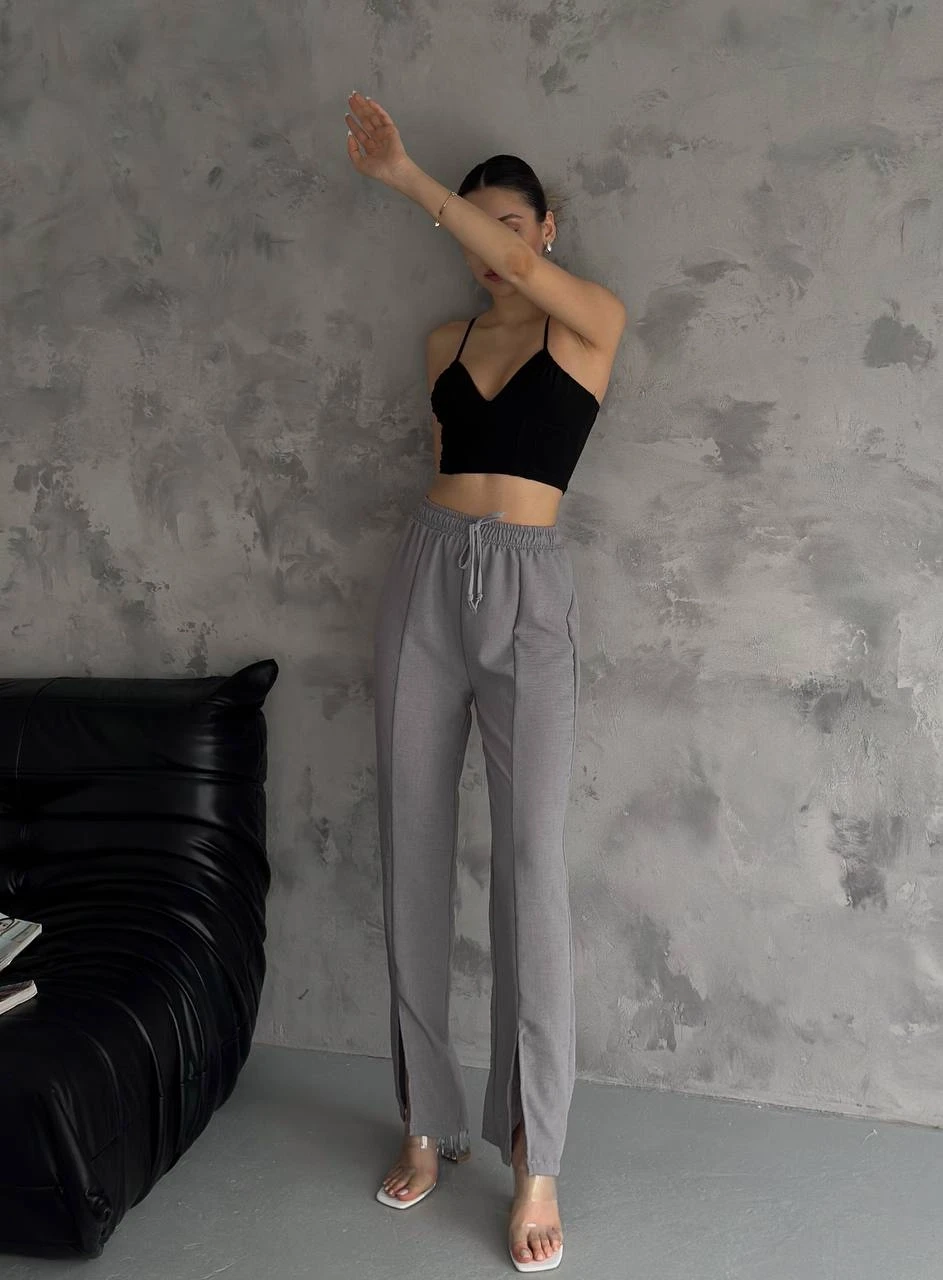 Kadın Gri Lastikli Bel Yırtmaç Detaylı Cepsiz İthal Keten Astarsız Pantolon HZL24S-FRY121941
