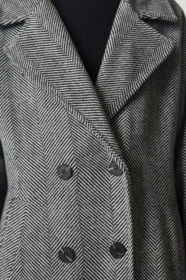 Kadın Gri Yünlü  Düğmeli Çift Cepli Astarlı Geniş Kalıp Kaban HZL24W-BD191131