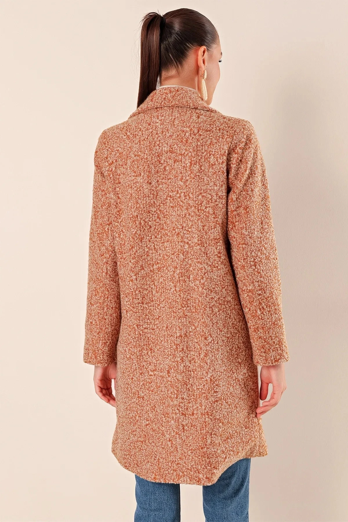 Kadın Kırçıllı Camel Tek Düğmeli Çift Cepli Astarlı Buklet Kaşe Kaban HZL22W-BD190821