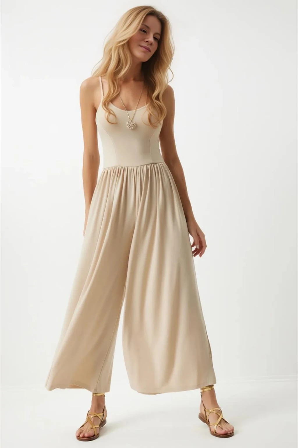 Kadın Krem Ayarlanabilir Askılı Beli Lastikli Bol Paça Yazlık Örme Tulum HZL24S-BD170291