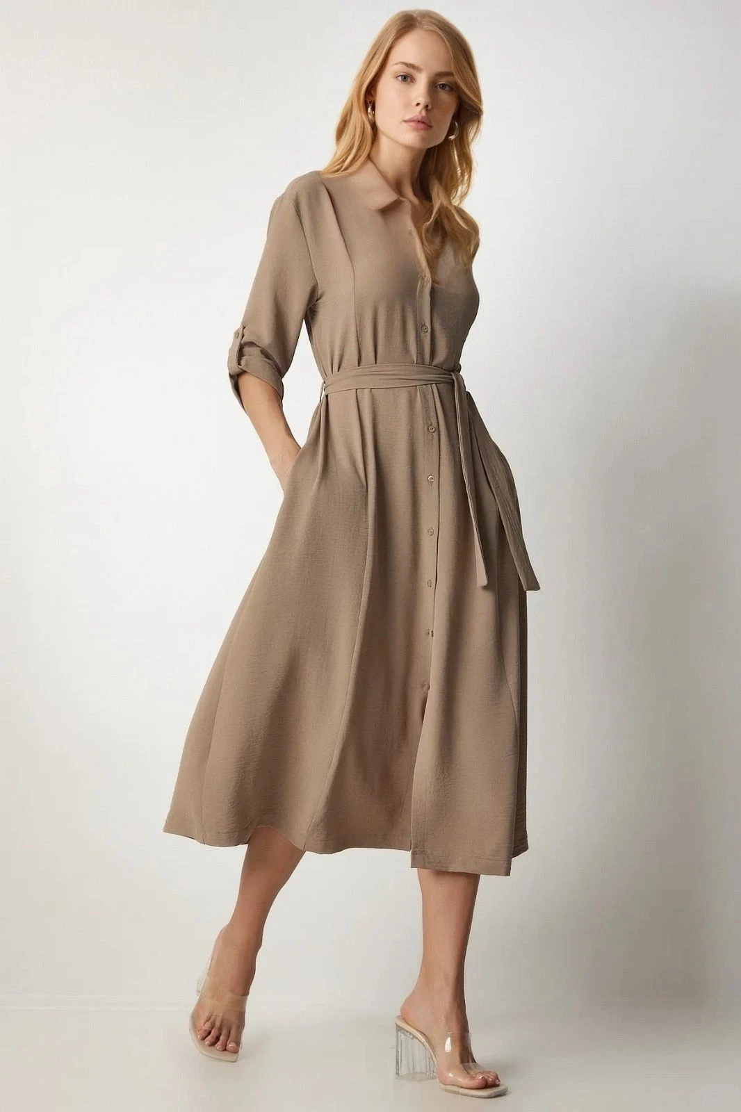 Kadın Krem Gizli Cepli Kuşaklı Viskon Gömlek Elbise HZL24S-BD124421