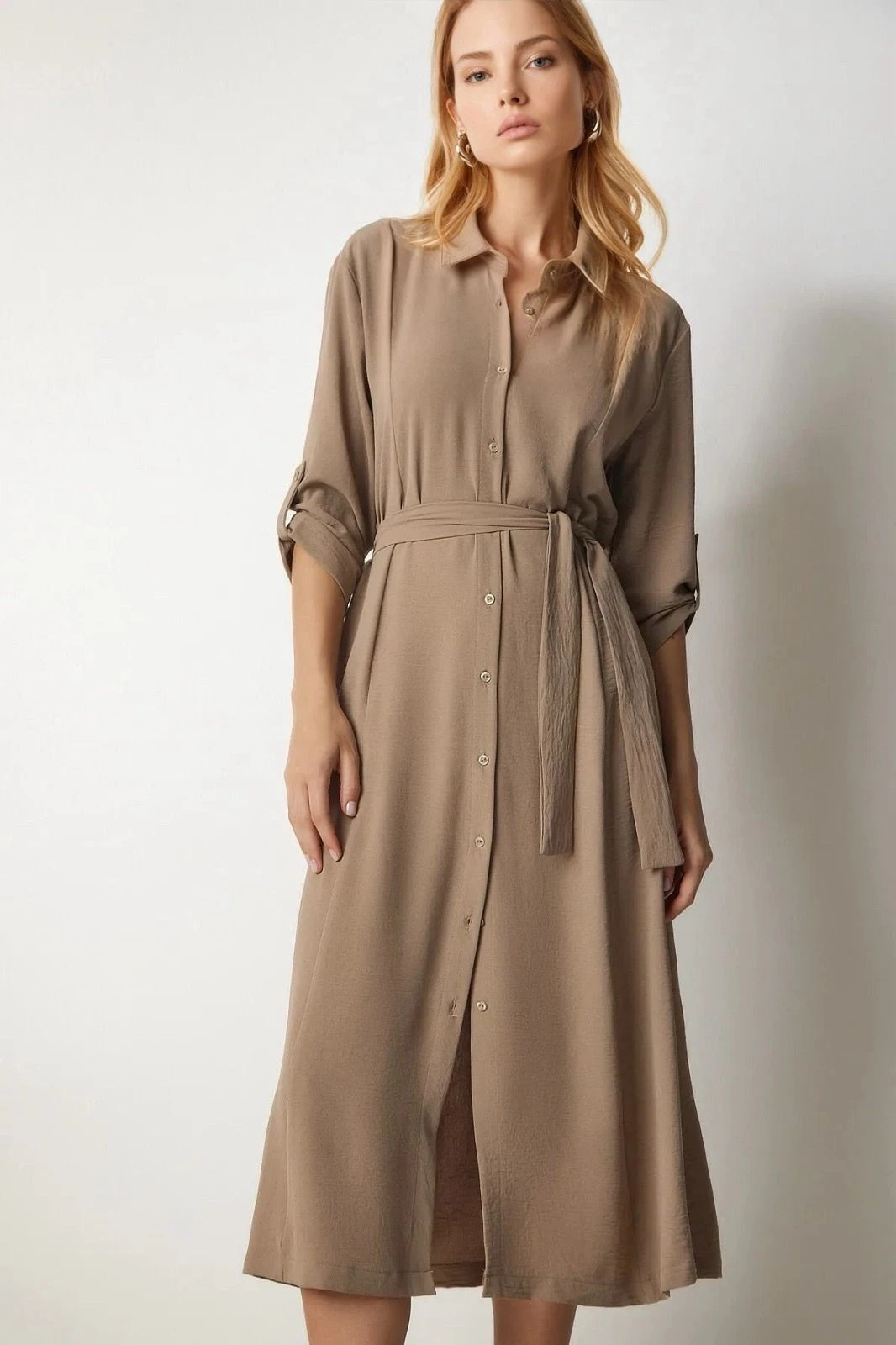 Kadın Krem Gizli Cepli Kuşaklı Viskon Gömlek Elbise HZL24S-BD124421