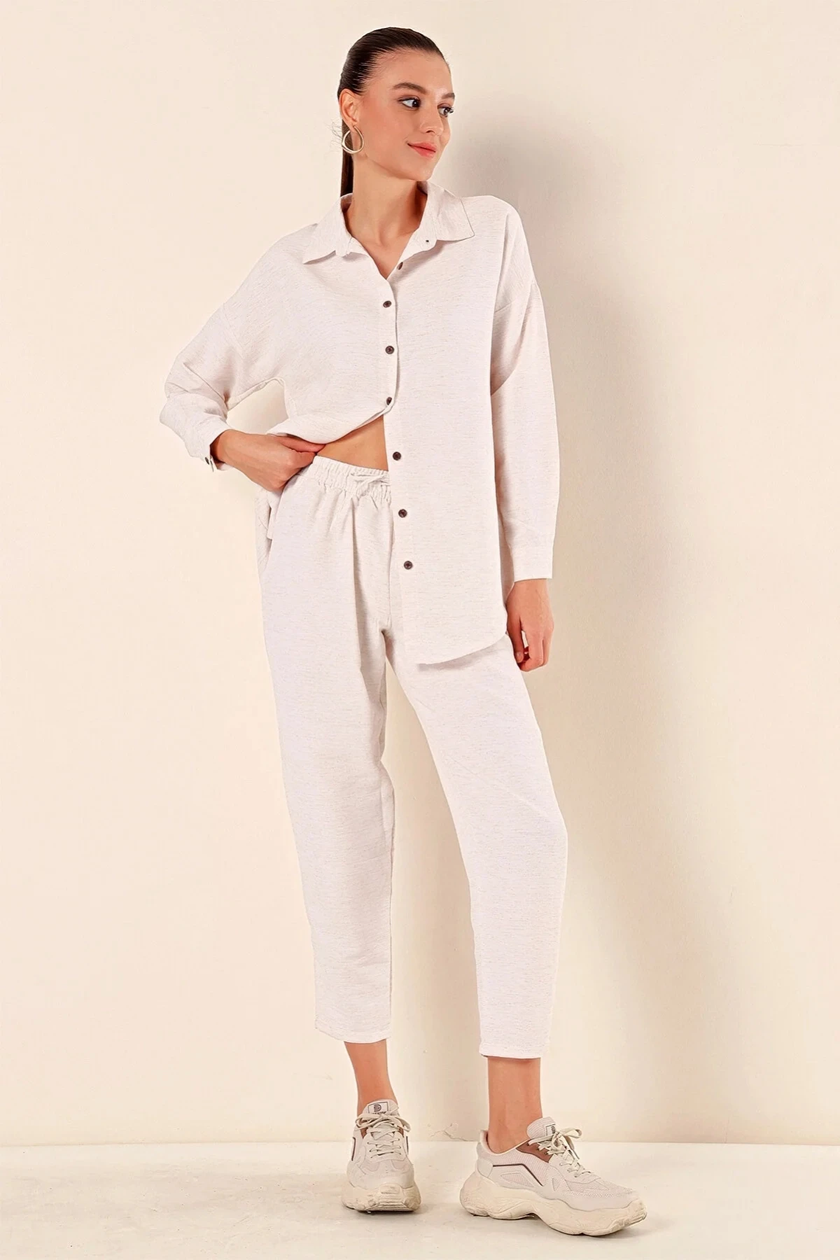Kadın Krem Keten Gömlek Pantolon  Alt-Üst İkili Takım HZL23W-BD166221