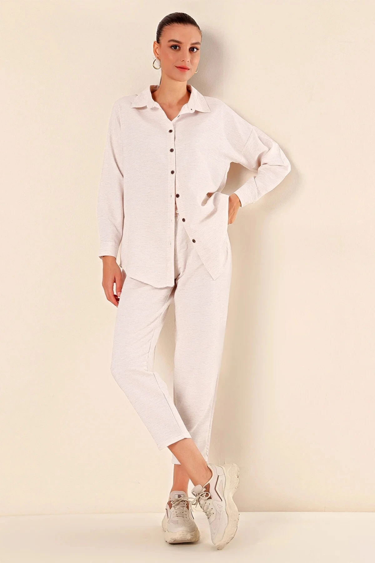 Kadın Krem Keten Gömlek Pantolon  Alt-Üst İkili Takım HZL23W-BD166221