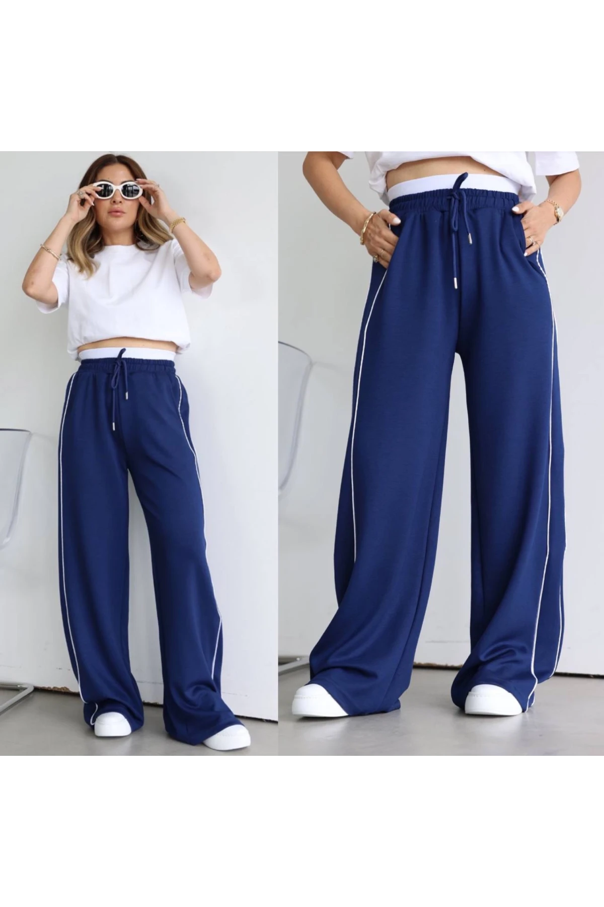 Kadın Lacivert Cepli Beli Lastikli Kemer Detaylı Şeritli Bol Paça Model Eşofman Altı HZL24S-ZK13001