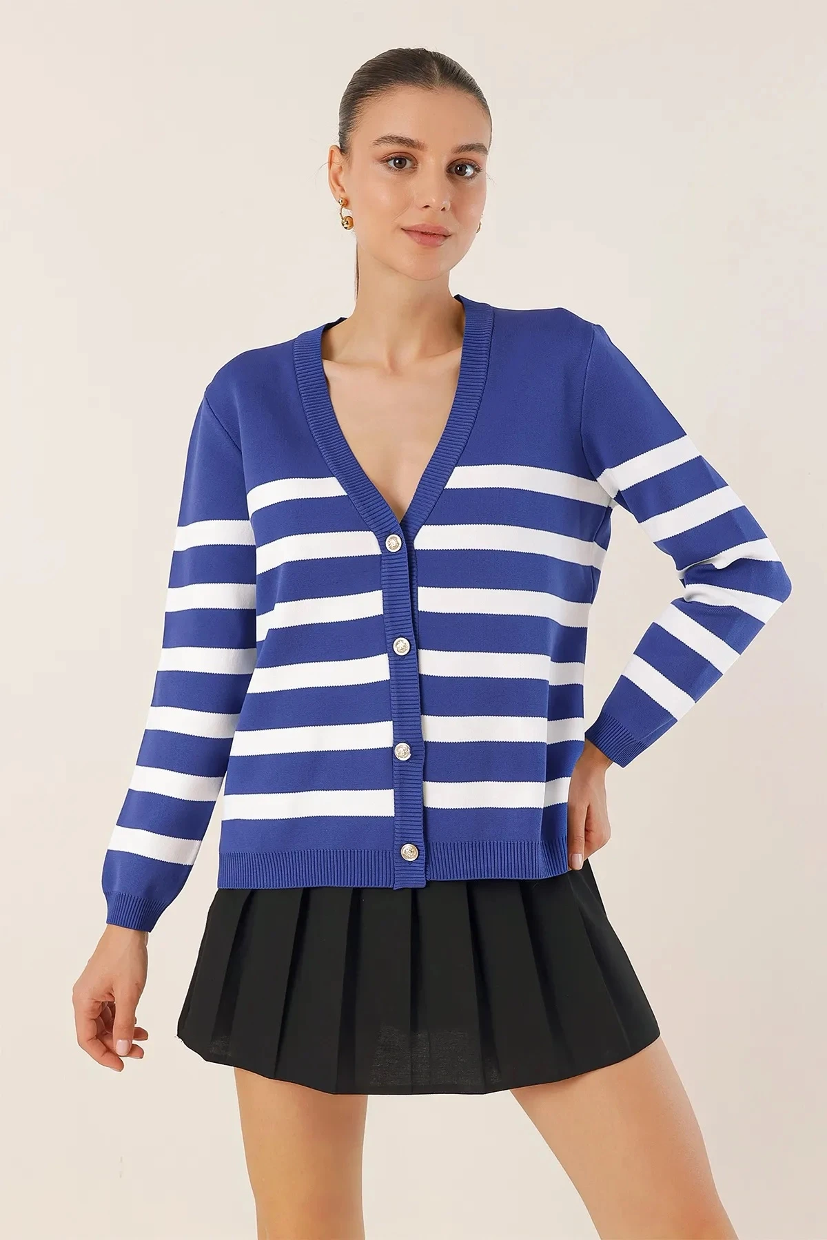 Kadın Lacivert Çizgili V Yaka Rahat Kesim Triko Hırka HZL24W-BD1102151