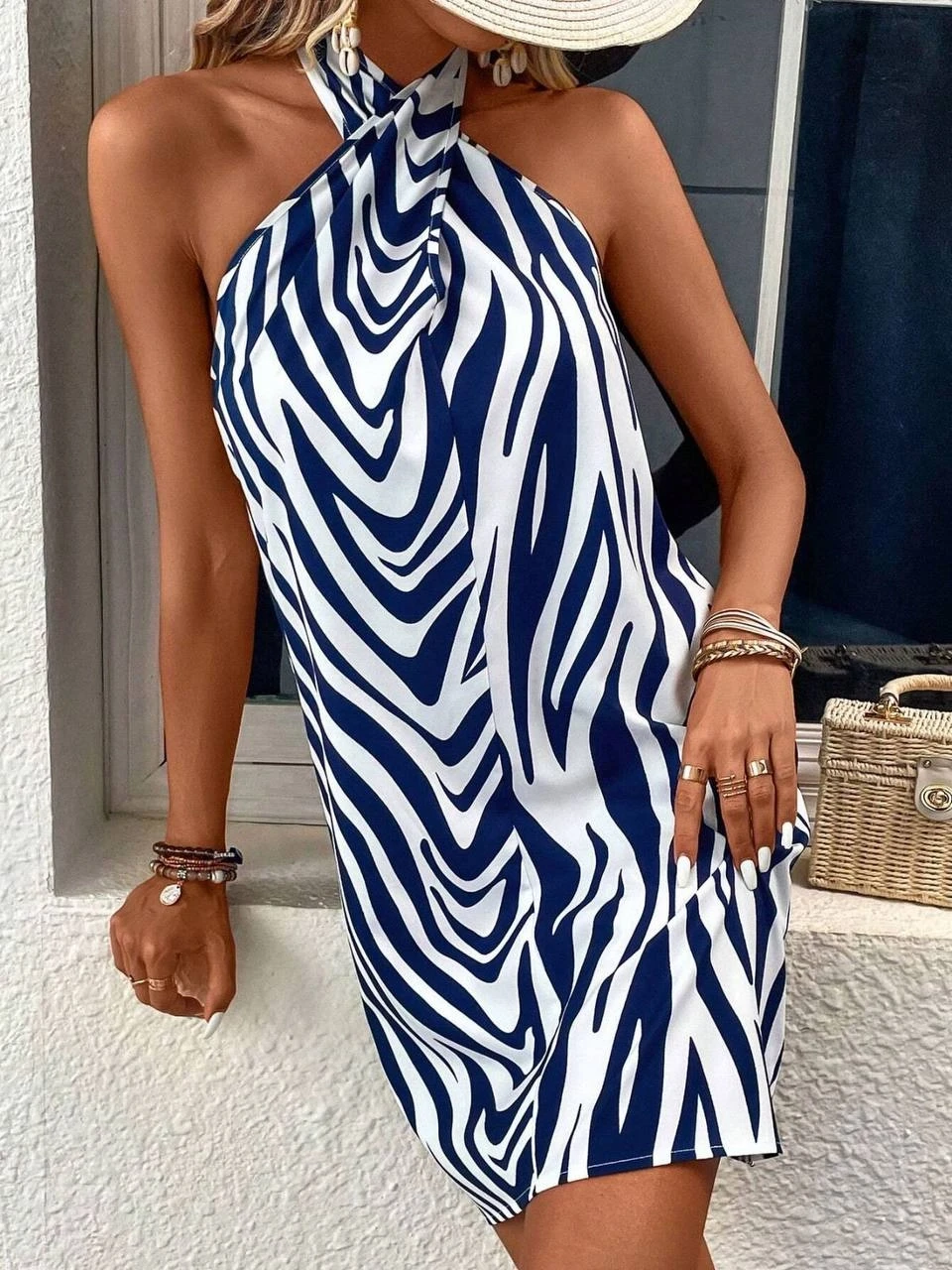 Kadın Mavi Beyaz Boyundan Bağlamalı Mosskrep Dijital Baskılı Astarsız Mini Elbise HZL25S-FRY120971