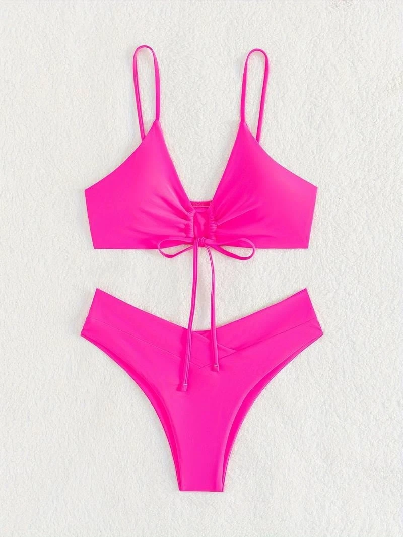 Kadın Neon Pembe İp Detaylı Astarlı V Kesim Üçgen Bikini Takım HZL24S-LC2234