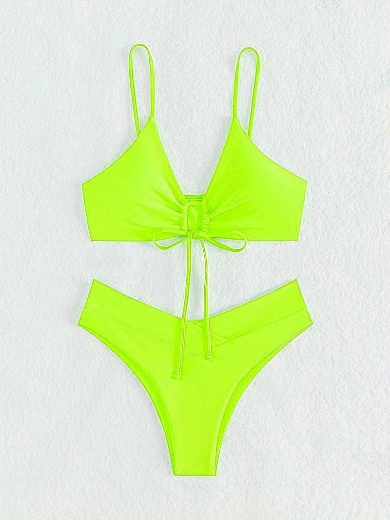 Kadın Neon Yeşil İp Detaylı Astarlı V Kesim Üçgen Bikini Takım HZL24S-LC2234