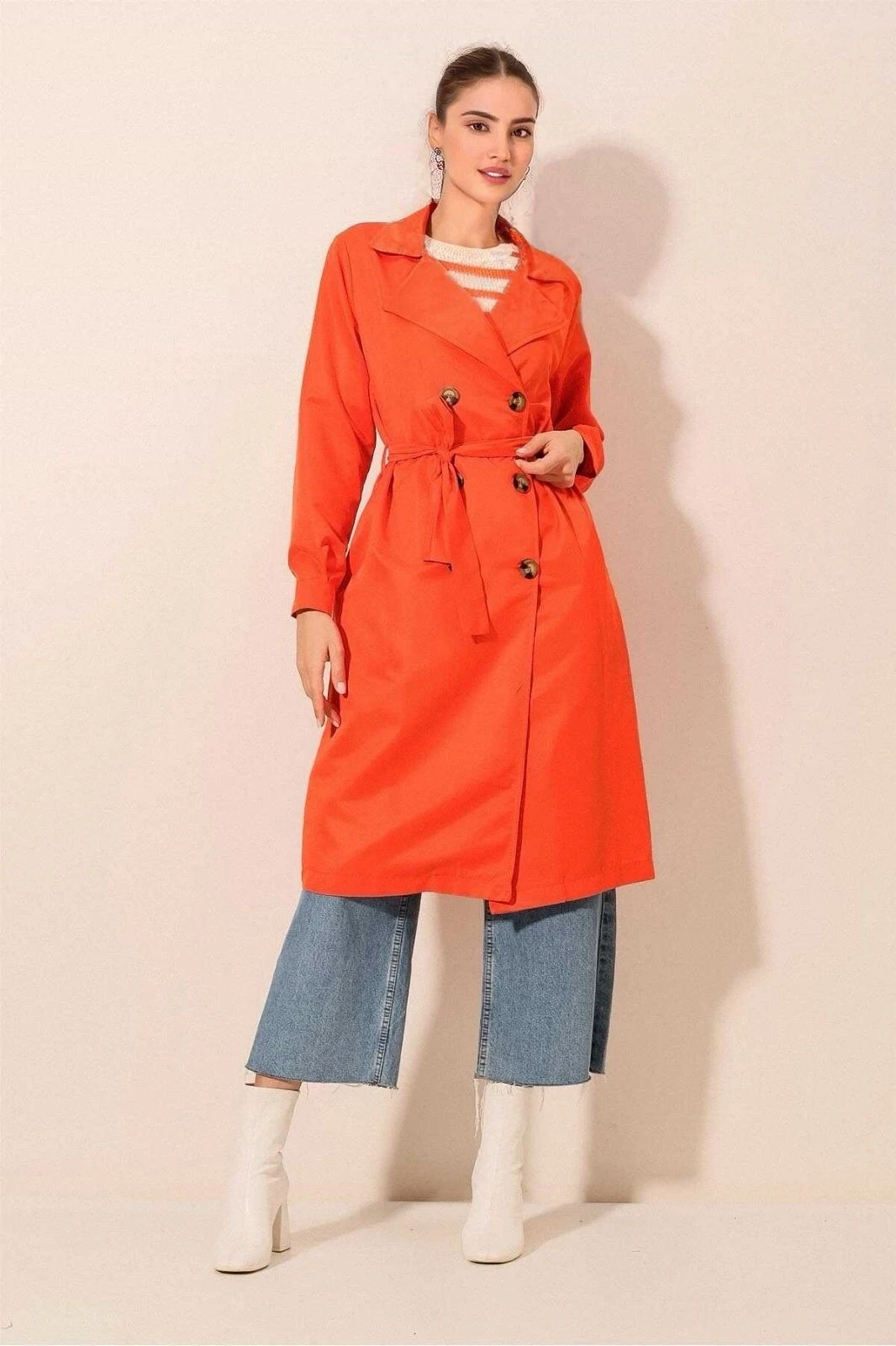 Kadın Oranj Kruvaze Yaka Kemerli Astarsız Mevsimlik Rahat Trençkot Hzl22s-bd158531