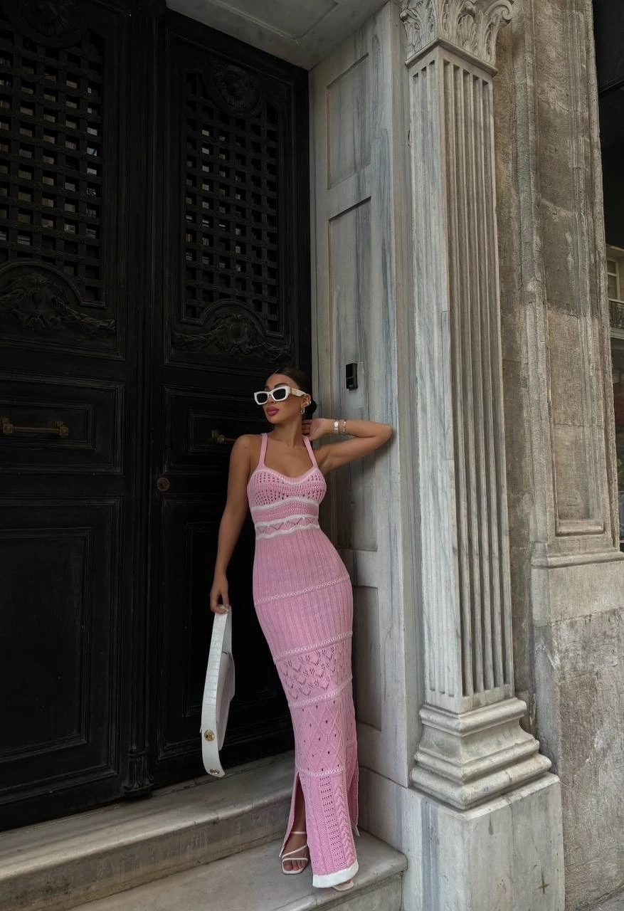 Kadın Pembe Askılı Yırtmaç Detaylı Ajurlu Yazlık Uzun Triko Elbise HZL24S-VL1240461