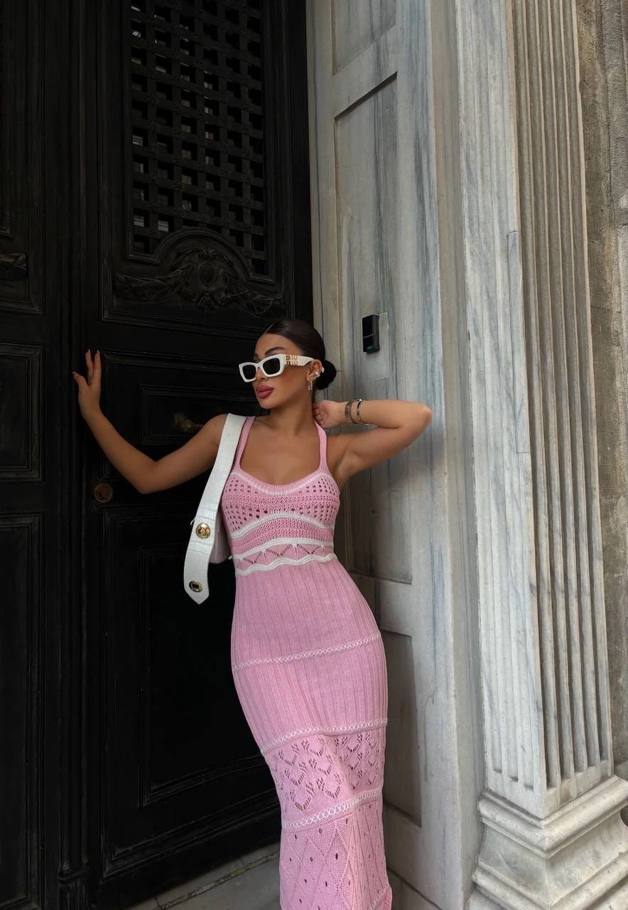 Kadın Pembe Askılı Yırtmaç Detaylı Ajurlu Yazlık Uzun Triko Elbise HZL24S-VL1240461