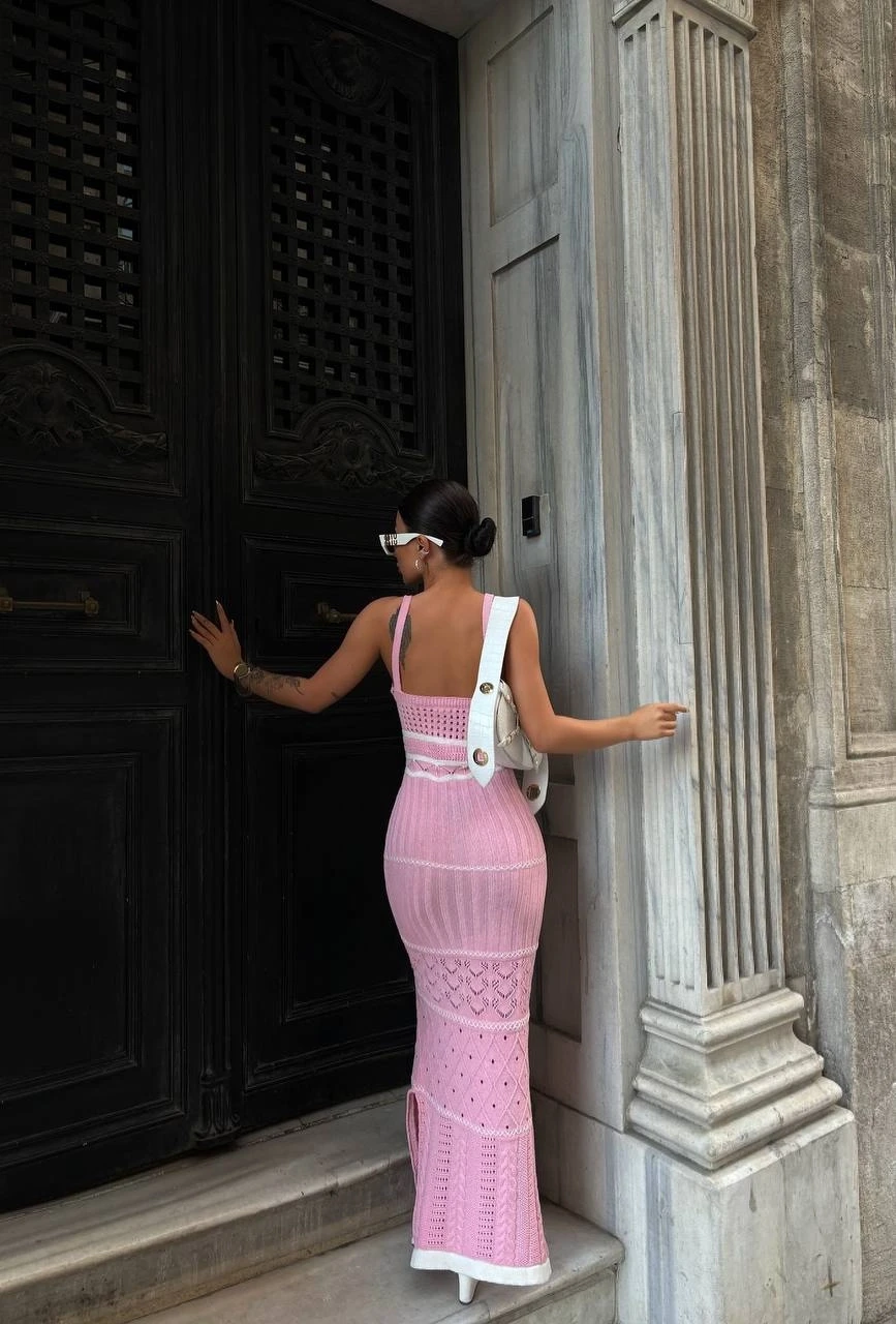 Kadın Pembe Askılı Yırtmaç Detaylı Ajurlu Yazlık Uzun Triko Elbise HZL24S-VL1240461
