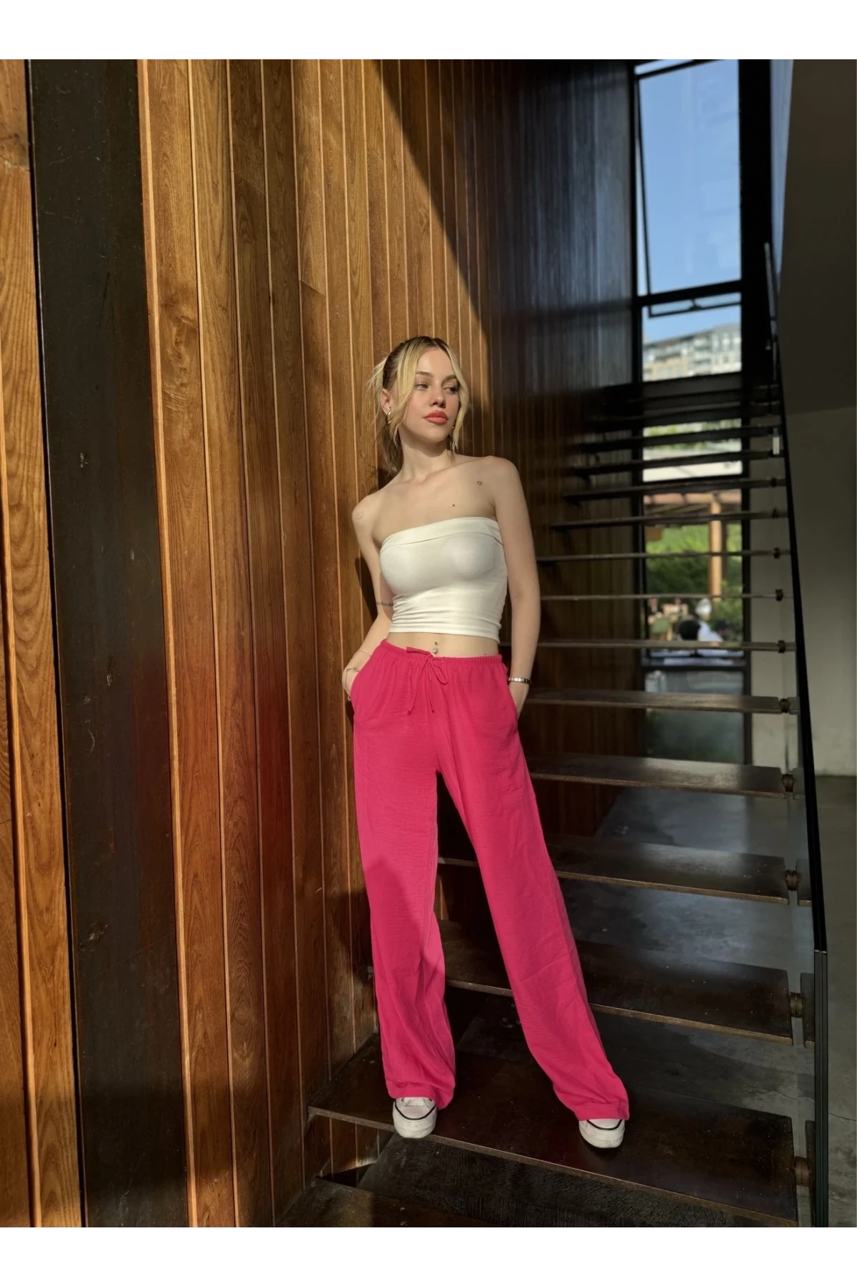 Kadın Pembe Cepli Beli Lastikli Bol Paça Keten Pantolon HZL24S-ZK11051