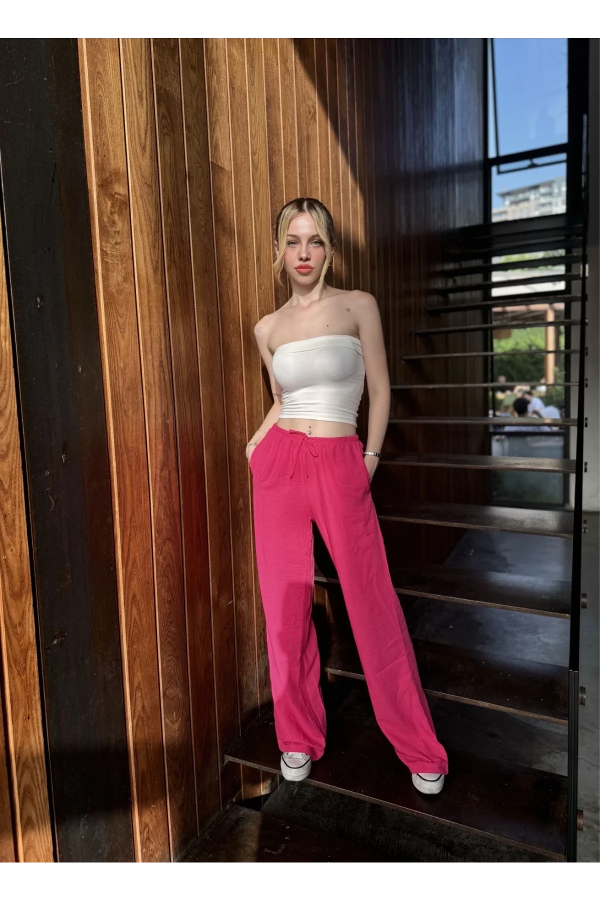 Kadın Pembe Cepli Beli Lastikli Bol Paça Keten Pantolon HZL24S-ZK11051