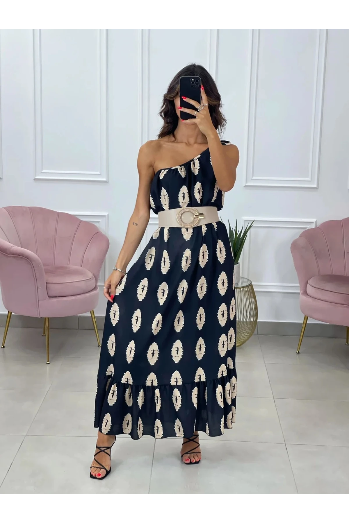 Kadın Siyah Baskılı Omuzdan Bağlamalı Astarsız Uzun Elbise HZL24S-DSB135911