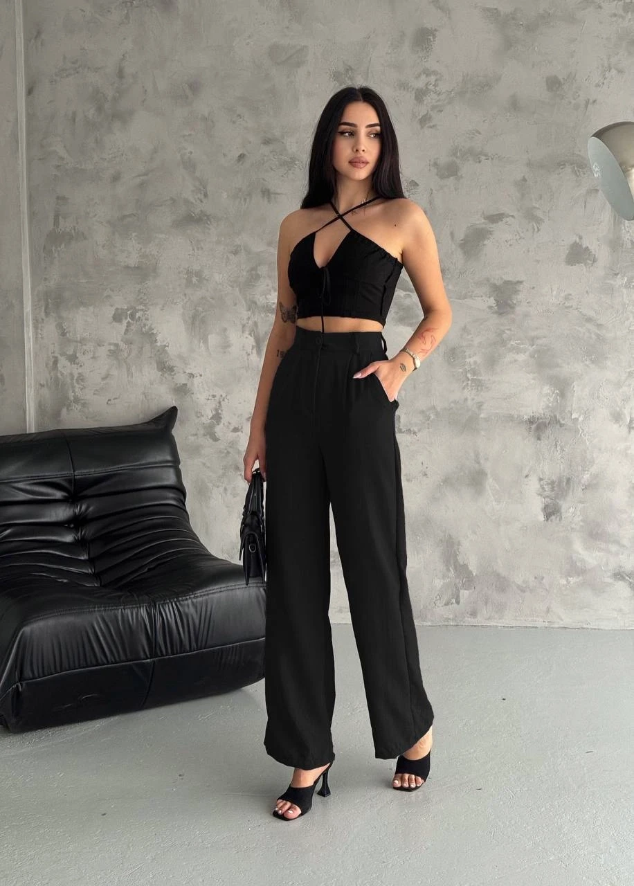 Kadın Siyah Yüksek Bel Bol Paça Cepli İthal Keten Pantolon HZL24S-FRY121821